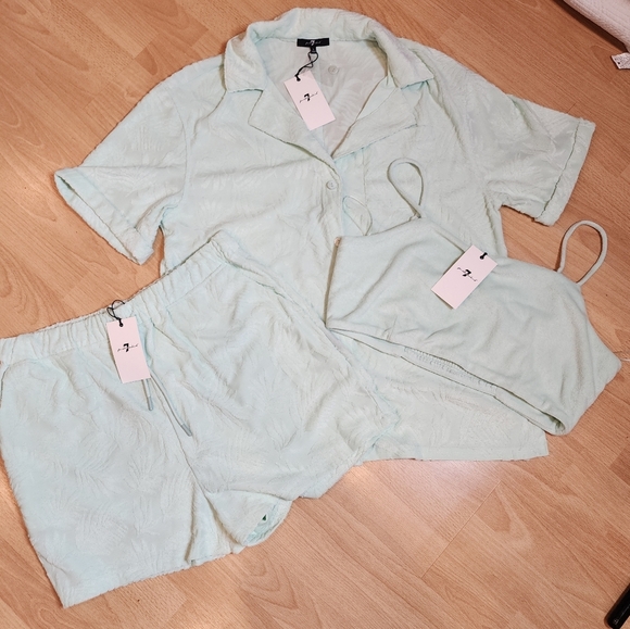 NWT 7 For All Mankind Terry 3 Piece Shorts Tops Set Seafoam Green Size Large